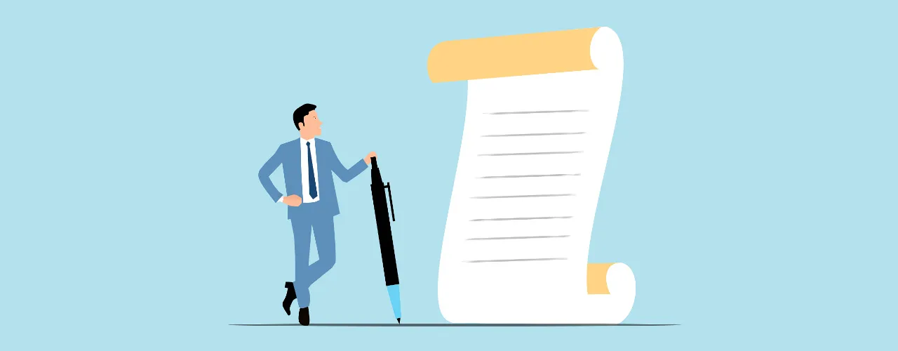 Nick Hiebert Web Developer terms of service. A business person in a blue suit standing next to an oversized pen and a large scroll-like document with lines of text, all set against a light blue background. The illustration represents legal agreements or contract signing.