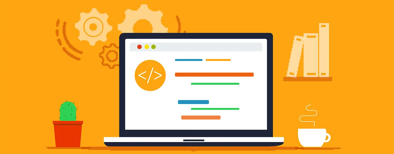 Illustration for Nick Hiebert's web developer portfolio changelog page showing a laptop displaying code editor with coluorful syntax highlighting, surrounded by development tools, books, and coffee on orange background.